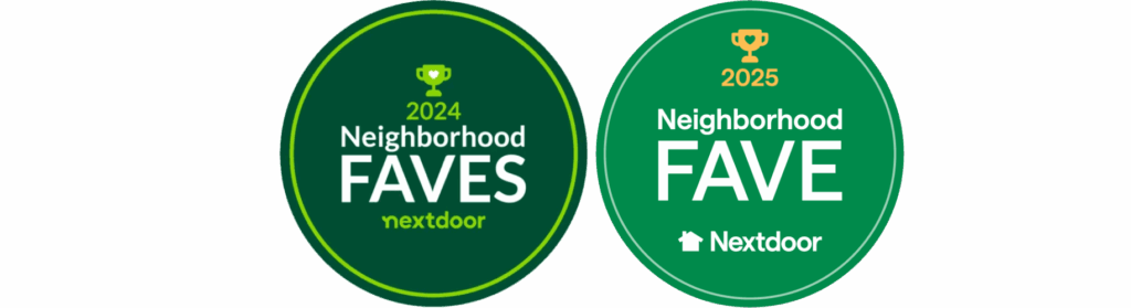 Two circular Nextdoor Neighborhood Fave award badges for 2024 and 2025, recognizing Central Wholesale Nursery as a top-rated local business in San Jose.