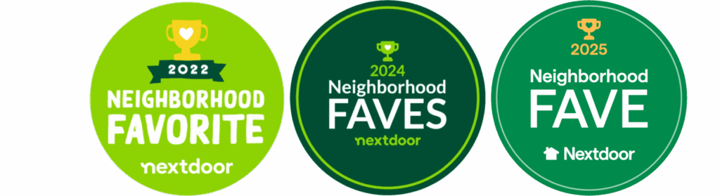 Three circular Nextdoor Neighborhood Fave award badges for 2024 and 2025, recognizing Central Wholesale Nursery as a top-rated local business in San Jose.