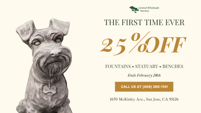 Wide shot of Central Wholesale Nursery’s outdoor showroom featuring rows of colorful glazed pottery, garden fountains, and stone statues with a "First-Ever 25% Off Site-Wide Decor Sale" banner.