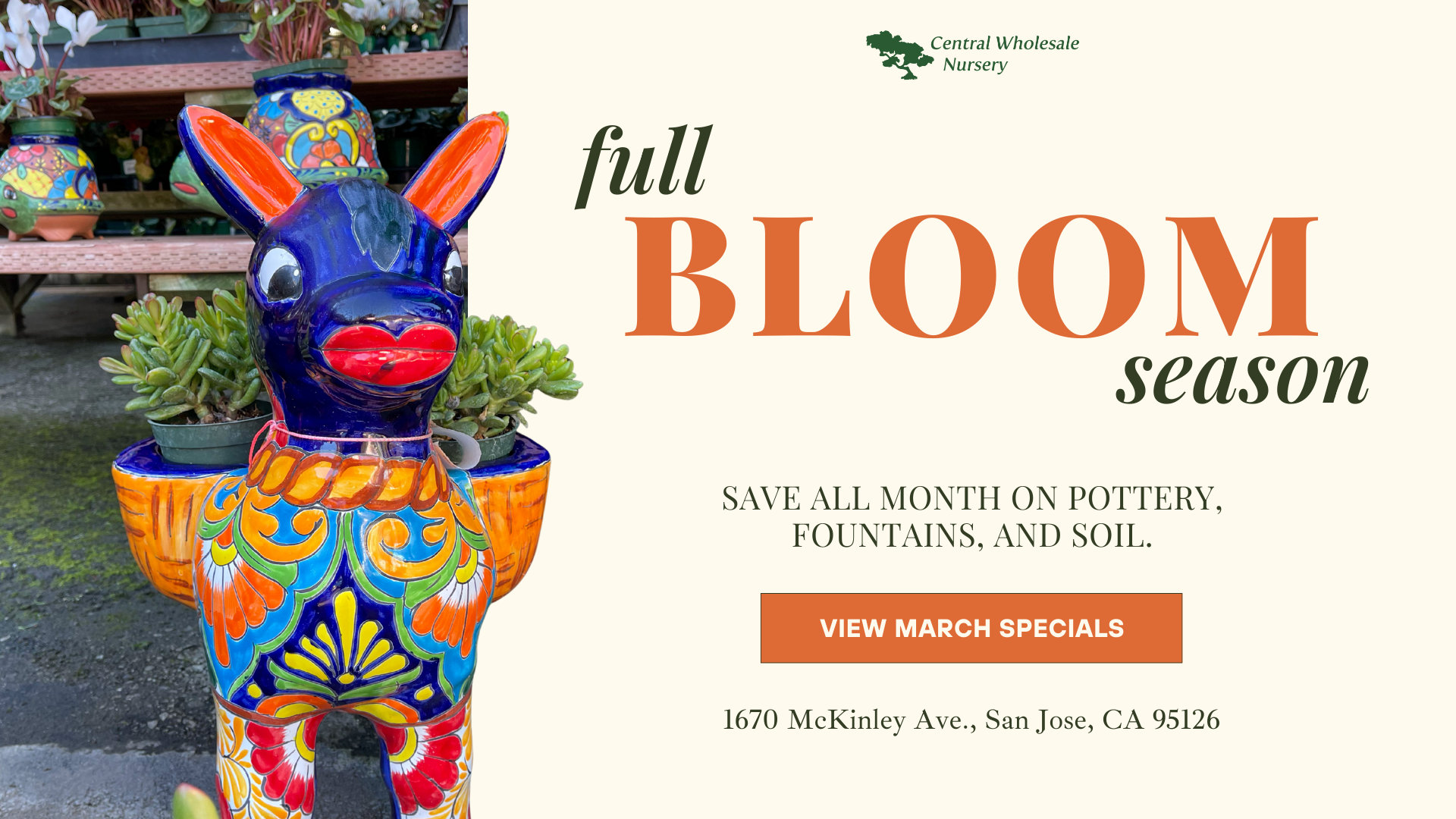 A wide shot of a lush wholesale nursery showing rows of vibrant green plants and flowering shrubs with a "March Madness Sale" banner in the foreground.