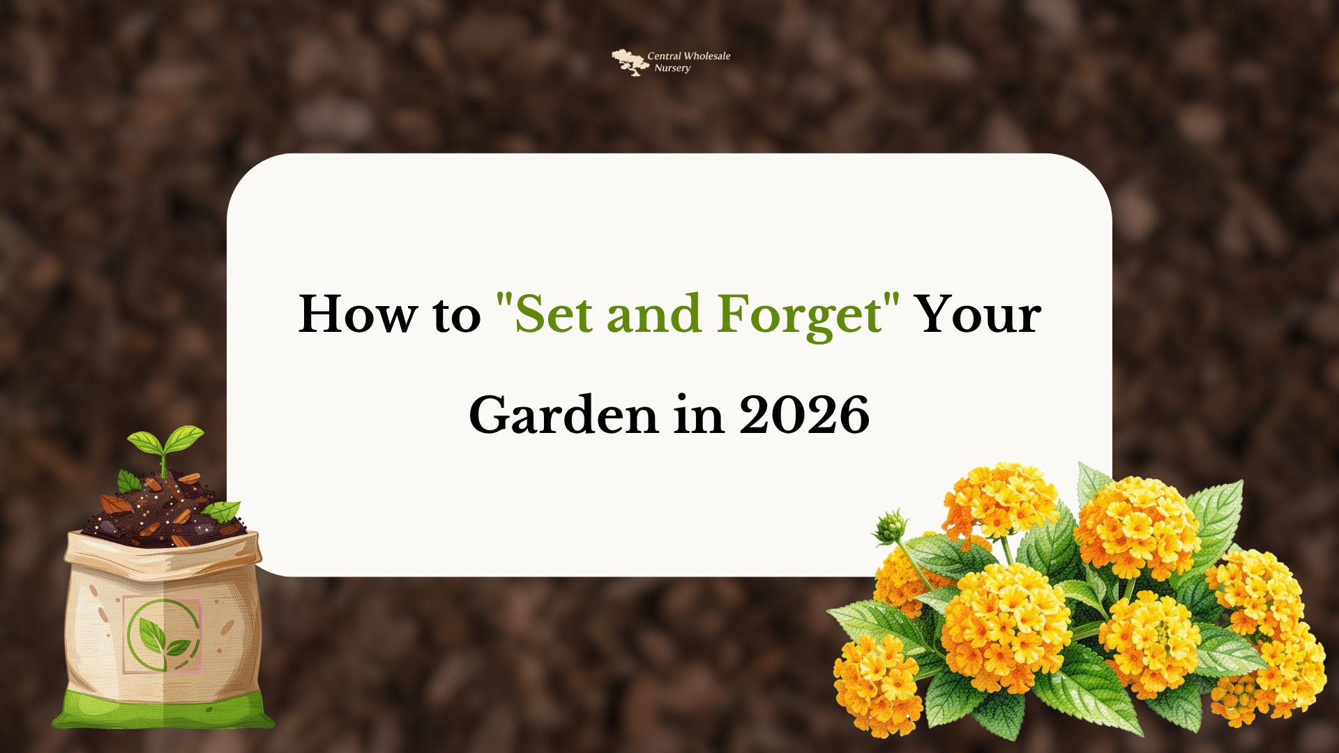 A modern, sunlit San Jose garden patio featuring thriving green plants in self-watering pots, a smart irrigation timer mounted on the wall, and a fresh layer of dark wood mulch under a bright summer sky.